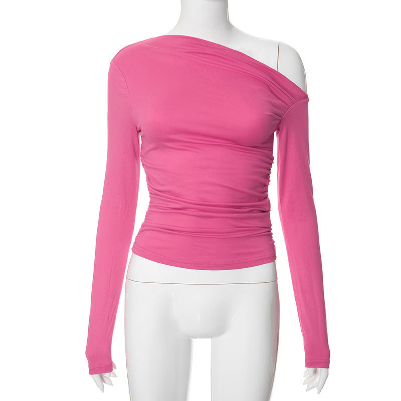 New INS Solid Color Asymmetrical Shoulder Long Sleeve Ruched Crop Top T-Shirt