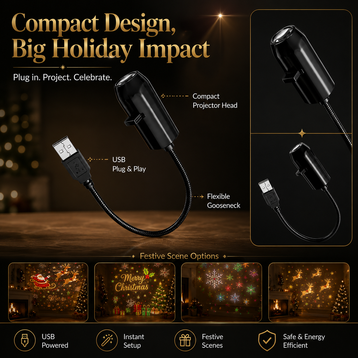Plug-&-Play HD Christmas Projector – 6 or 10 Festive Scenes