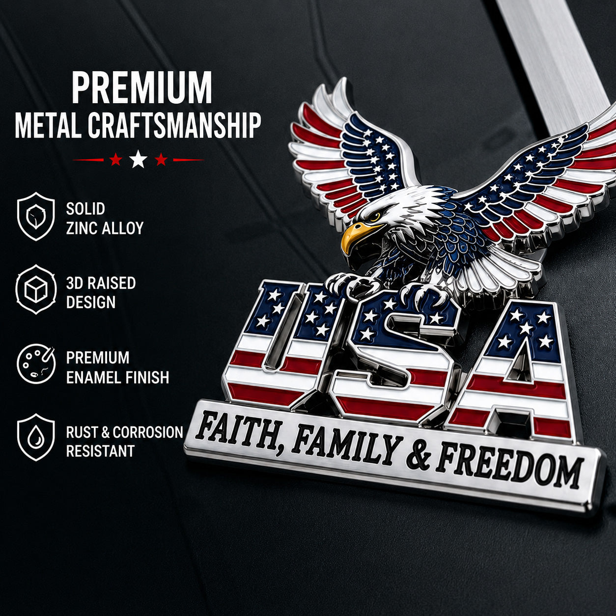 ★USA Faith, Family & Freedom★ Metal Car Emblem