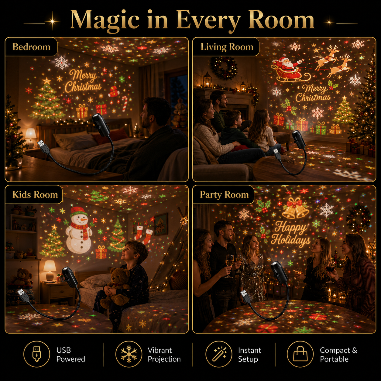 Plug-&-Play HD Christmas Projector – 6 or 10 Festive Scenes