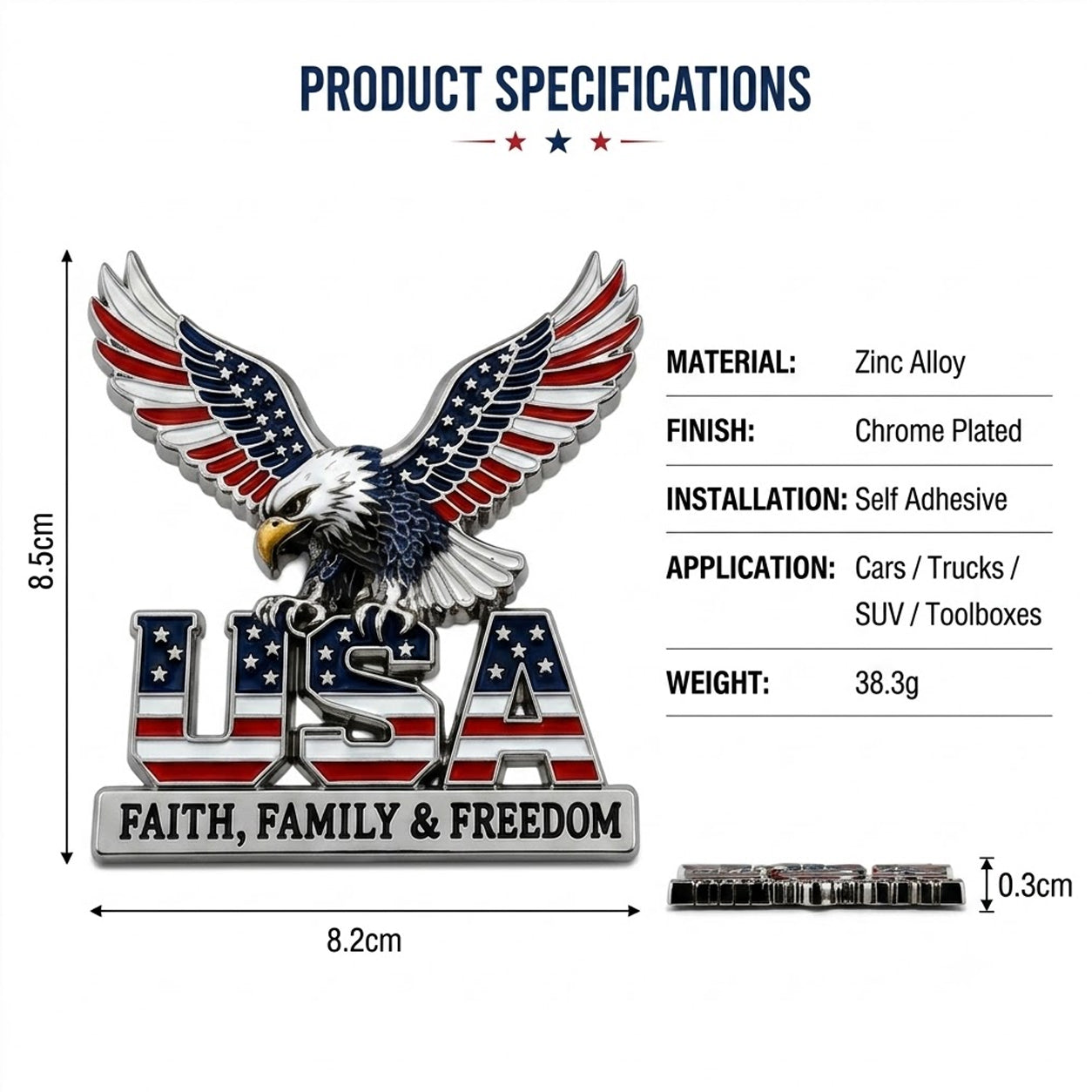 ★USA Faith, Family & Freedom★ Metal Car Emblem