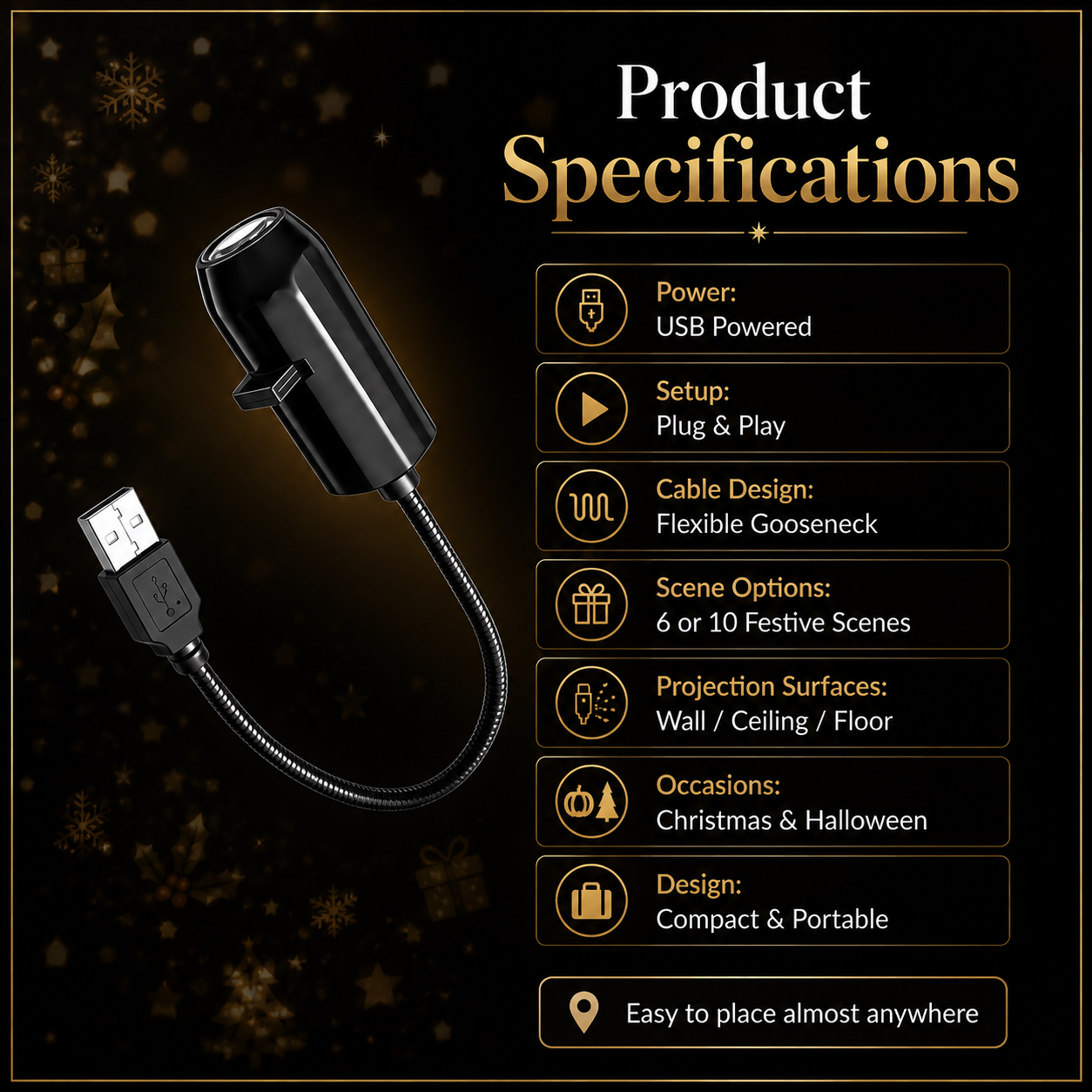 Plug-&-Play HD Christmas Projector – 6 or 10 Festive Scenes