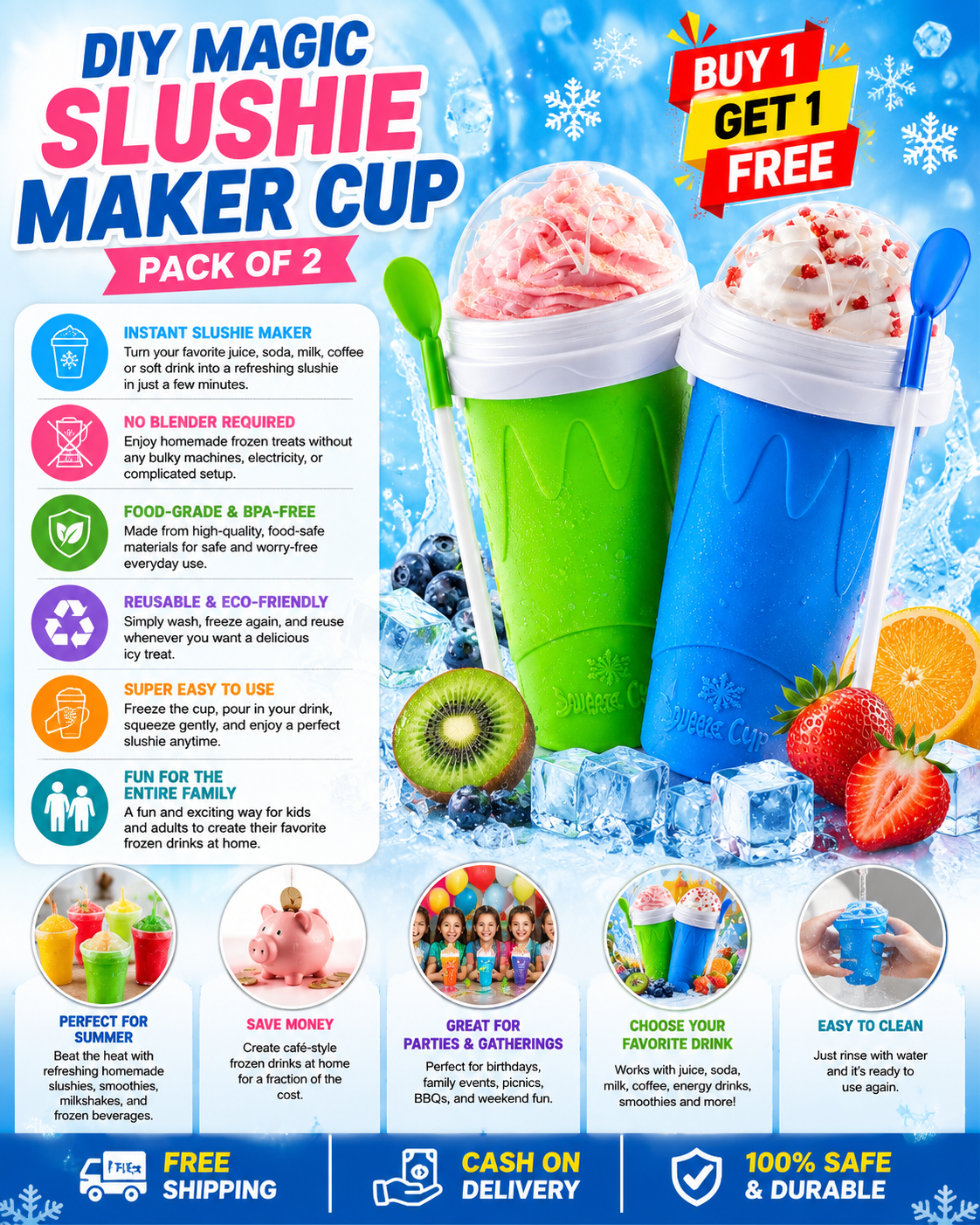 Slushie Maker Cup, 2 Pack DIY Magic Squeeze Slushy Cups