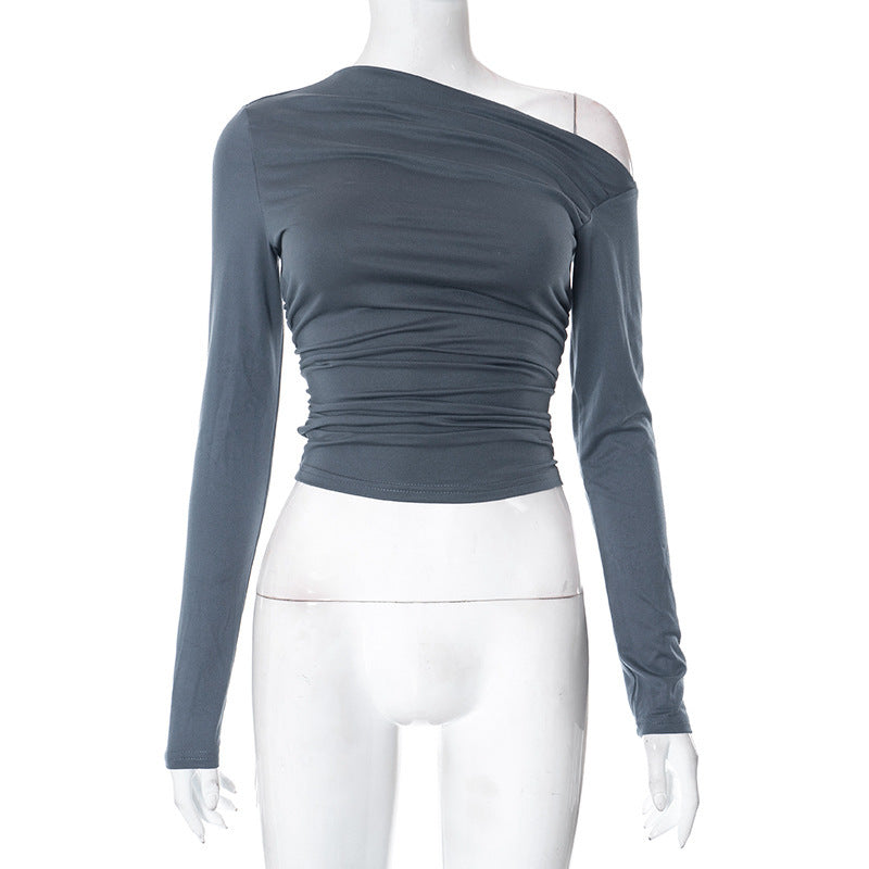 New INS Solid Color Asymmetrical Shoulder Long Sleeve Ruched Crop Top T-Shirt